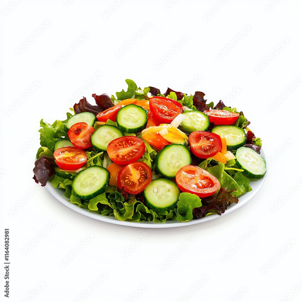 A vibrant salad featuring fresh lettuce, sliced tomatoes, and cucumbers, presented on a white plate, perfect for a healthy meal. A vibrant salad featuring fresh lettuce, sliced tomatoes, and cucumbers, presented on a white plate, perfect for a healthy meal.