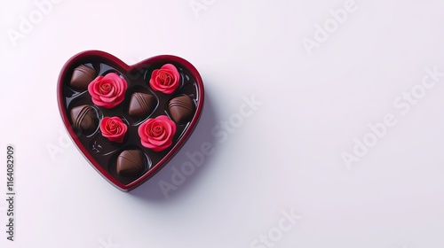 Valentine's Day heart-shaped box of chocolates with roses, isolated on white background, detailed high-quality photo, no shadow, perfect for romantic gift or decoration.