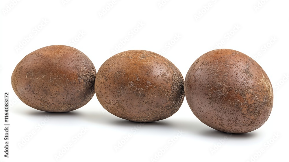 Three brown eggs arranged sequentially on a white isolated background. Three brown eggs arranged sequentially on a white isolated background.