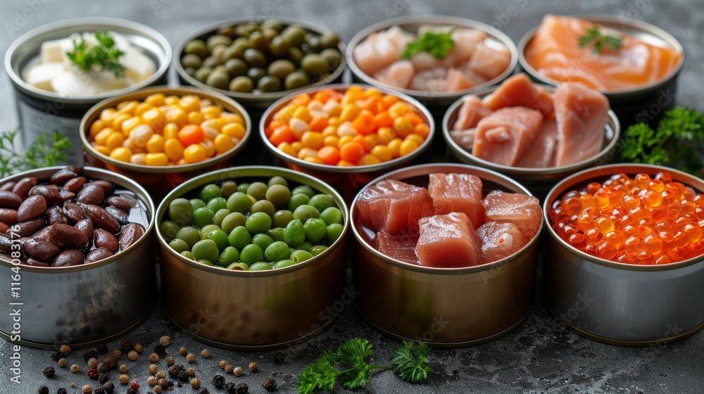 Assorted canned foods fish, vegetables, beans. Assorted canned foods fish, vegetables, beans.