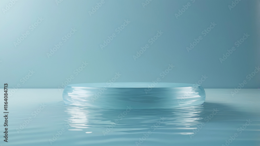 Pale blue podium sits on gentle water ripples offering a serene mockup ideal for marketing summer themed products Pale blue podium sits on gentle water ripples offering a serene mockup ideal for marketing summer themed products