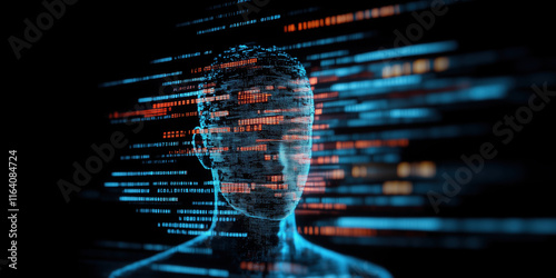 glowing digital figure surrounded by data streams and overlays