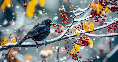 Blackbird perched on branch of hawthorn tree covered with red berries photo