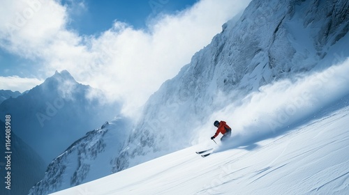 Skier on  powdery snow slope going down. Extreme mountain winter sport concept