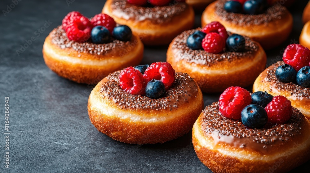 Delicious donuts topped with raspberries and blueberries on a dark surface. Delicious donuts topped with raspberries and blueberries on a dark surface.