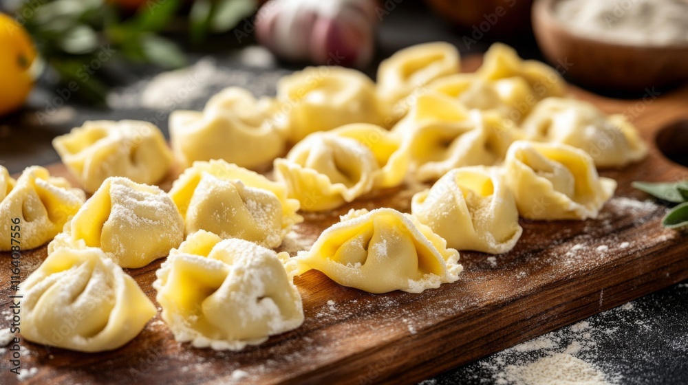 Handcrafted pasta dumplings are neatly placed on a wooden board dusted with flour. Fresh garlic, lemons, and herbs create a vibrant backdrop, highlighting the art of traditional pasta making. Handcrafted pasta dumplings are neatly placed on a wooden board dusted with flour. Fresh garlic, lemons, and herbs create a vibrant backdrop, highlighting the art of traditional pasta making.