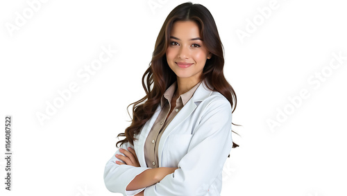 Confident woman doctor or nurse smiling, isolated PNG with transparent background, professional businesswoman standing in a studio, perfect for social media ads, web banners, posters, and 4K download