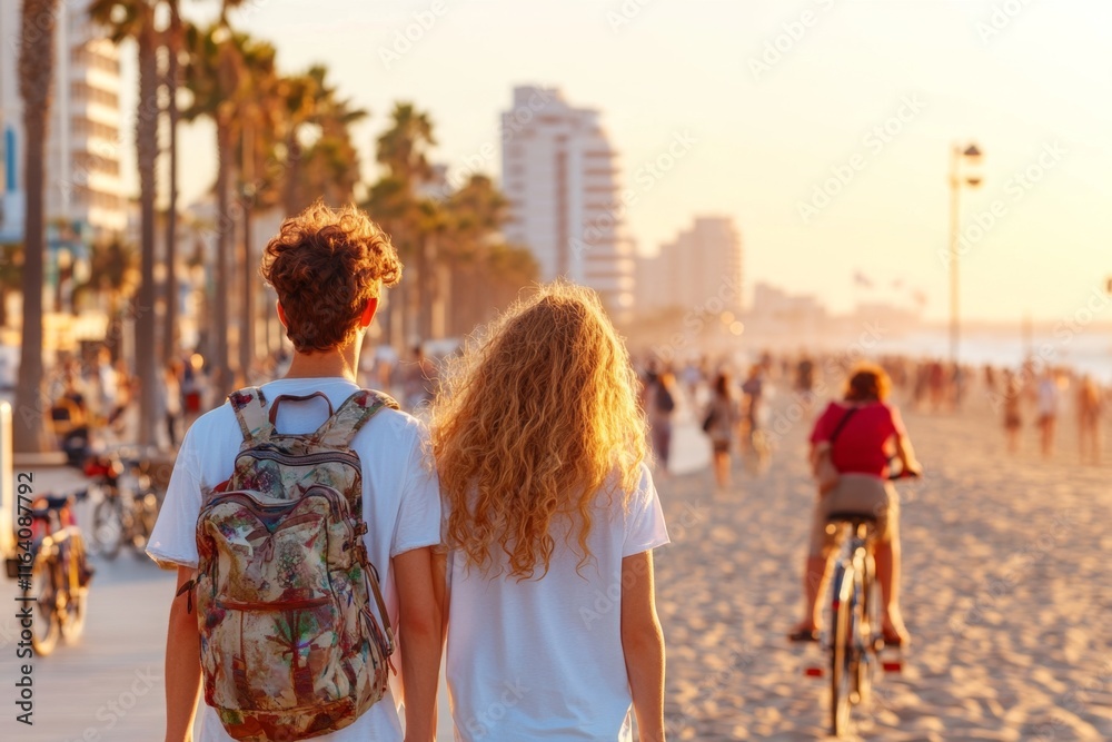 Obraz premium A young couple walking along the Tel Aviv promenade, with bicycles and beachgoers in the background