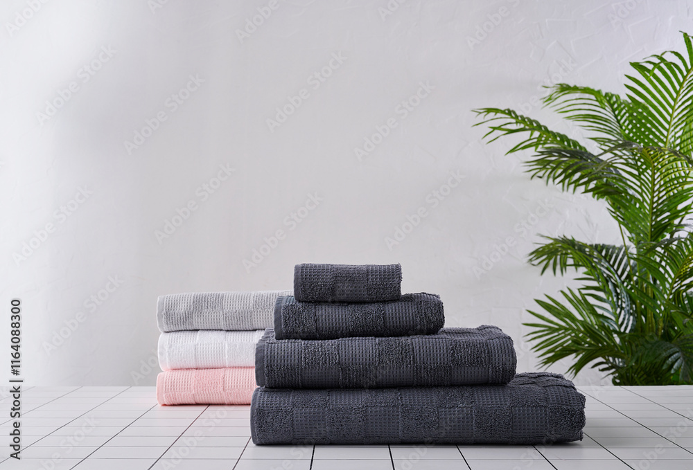 Fototapeta premium Grey towel is on the table and plant background white wall.
