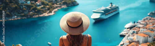 Woman in a straw hat enjoying a coastal city view with a cruise ship and turquoise bay  -