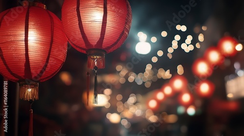 Vibrant Red Lanterns and Twinkling Lights at a Night Festival photo