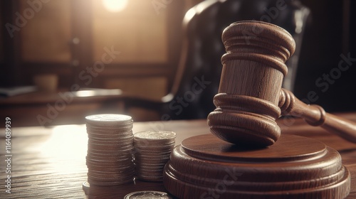 Wooden Gavel Resting on a Round Table Surrounded by Stacks of Coins in an Elegant Law Office Setting with a Soft Sunset Glow