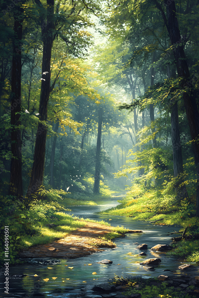 Fototapeta premium Nature's Tranquil Canopy: A Serene River Journey Through a Verdant Forest's Whispering Trees and Dancing Light