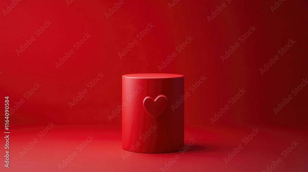 Empty red 3D cylindrical podium with heart shaped background for valentine's day banner. Valentine's day minimal scene for products showcase, Promotional display. Empty red 3D cylindrical podium with heart shaped background for valentine's day banner. Valentine's day minimal scene for products showcase, Promotional display.