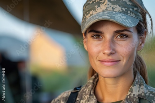 A confident female soldier in a military uniform smiles at the camera, reflecting pride and dedication in her service, showcasing modern diversity in the armed forces. photo