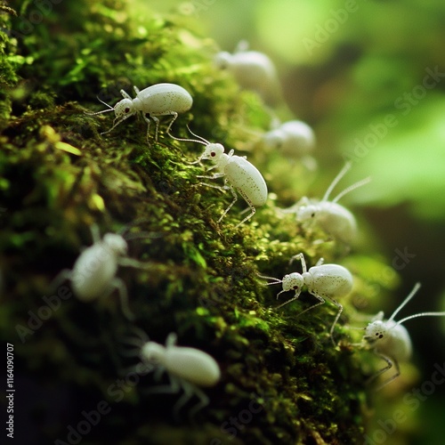 Albino bugs, insects on moss