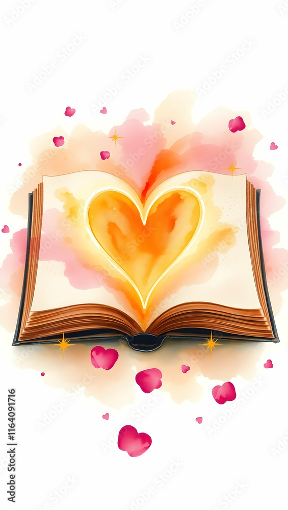 Open book with glowing heart and floating petals, on a white background. Open book with glowing heart and floating petals, on a white background.