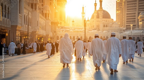 Serene Evening Pilgrimage in Mecca: Worshippers Walking Towards the Grand Mosque at Sunset, Illuminated by Golden Light and Creating a Spiritual Atmosphere photo