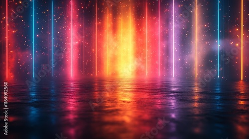 Abstract colorful neon lights reflecting on wet ground.
