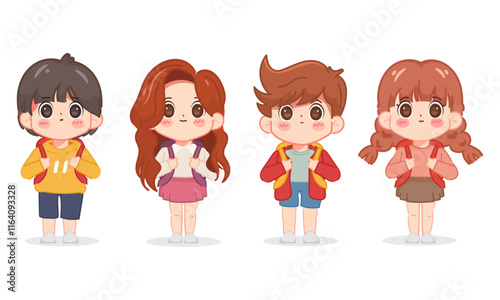 Group portrait of smiling teenage boys and girls or school friends standing together, embracing each other, waving hands. Happy students isolated on white background. Flat cartoon vector illustration.