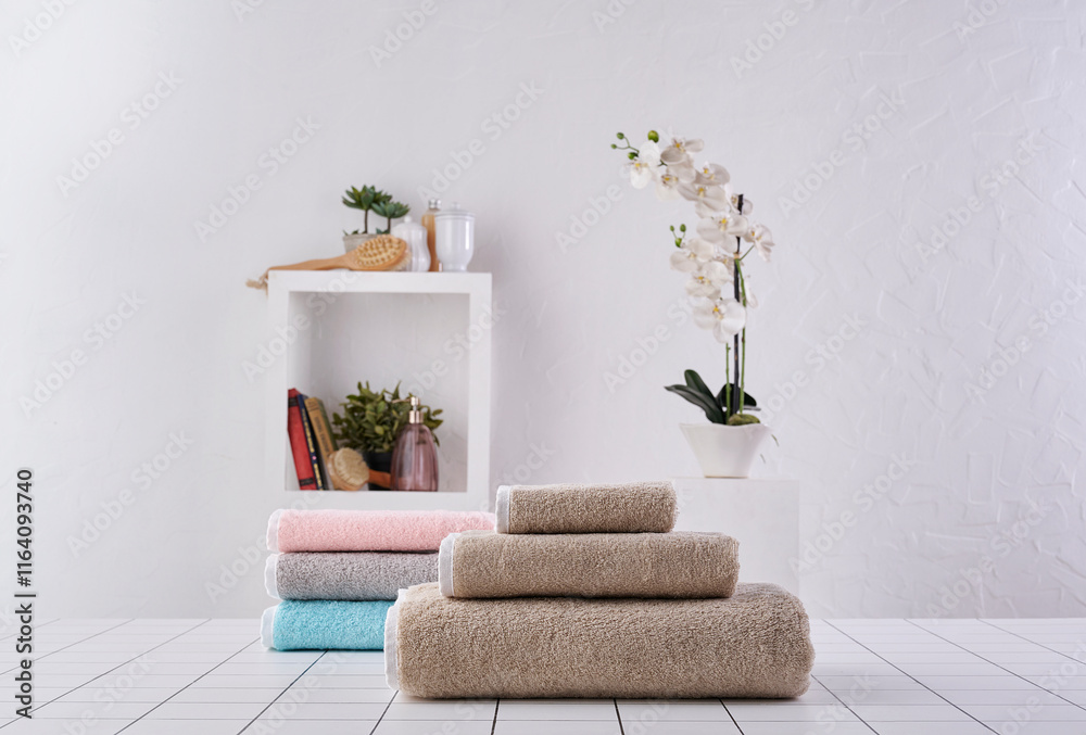 Obraz premium Brown and colored towel close up in o row, white wall and cabinet background wall, bathroom object.