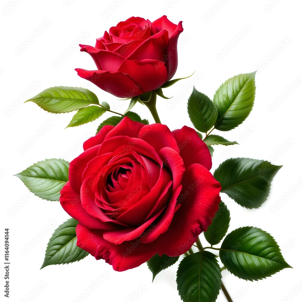 Naklejka premium Vibrant Red Roses with Green Leaves Against a Plain White Background