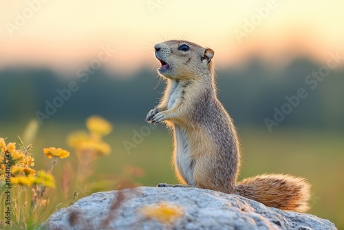 Dawn brings the groundhog's shrill cry. Beautiful capture of marmota bobak. Time loops for Groundhog Day photo