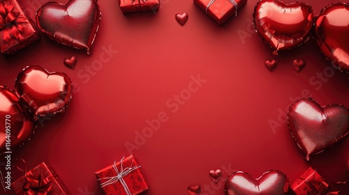Frame made of heart shaped Foil balloons and gift boxes on red background. Valentine's Day celebration.