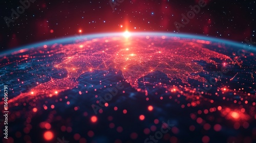 Global network connection, illuminated Earth at night, red and blue light.