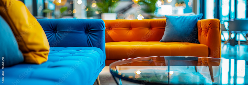 Obraz premium Bright blue and orange sofa in modern living room