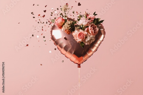 heart shape pink foil ballon with flying pink roses, peonies and ranunculuses on a pink background, celebration for Valentines Day