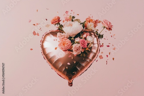 heart shape pink foil ballon with flying pink roses, peonies and ranunculuses on a pink background, celebration for Valentines Day