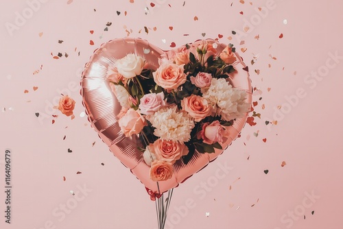 heart shape pink foil ballon with flying pink roses, peonies and ranunculuses on a pink background, celebration for Valentines Day
