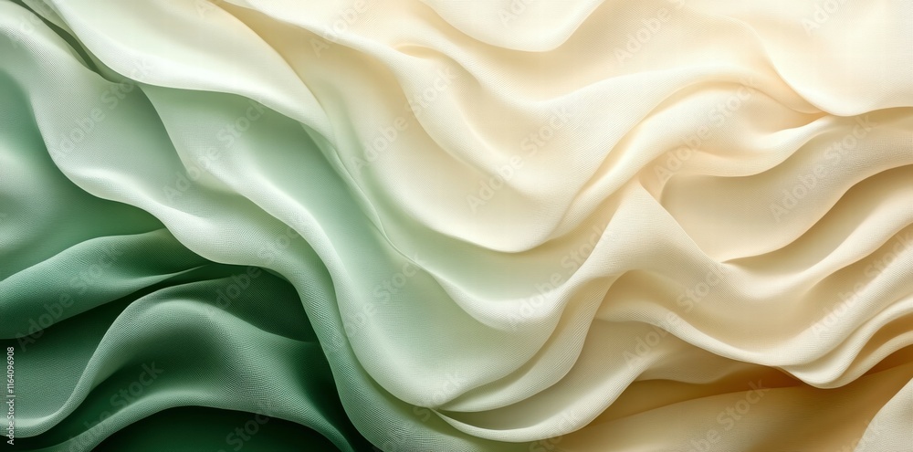 Fototapeta premium A flowing fabric design featuring soft gradients of green and cream colors.