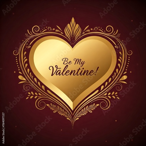 Luxurious Valentine's card with a golden heart on a burgundy glowing background, floral patterns, and elegant typography. Perfect for greetings and advertisements