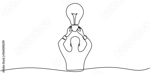 Continuous one line drawing of a person holding a light bulb, representing inspiration and creativity.