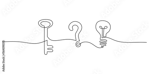 One line drawing of a key, question mark, and light bulb, reflecting problem solving and curiosity.