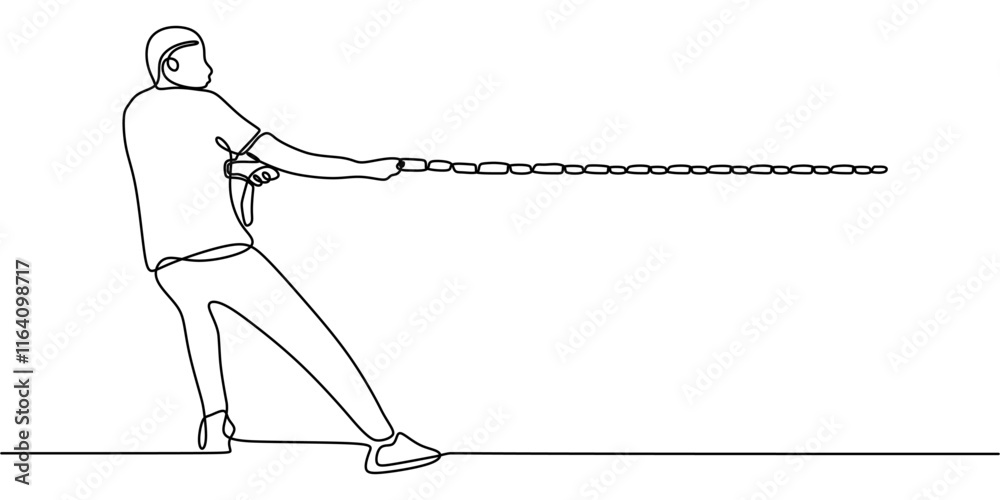 Fototapeta premium One line drawing of a man pulling a rope, representing determination and overcoming obstacles.