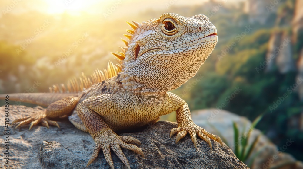 Fototapeta premium Reptile Sunbathing on Rocks in Jungle Setting