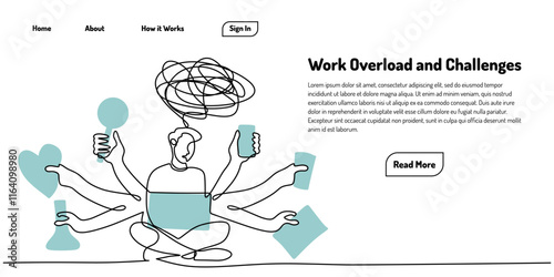 One line drawing of a multitasking man managing various tasks, symbolizing productivity and work overload.