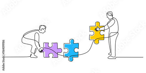 People assembling puzzle pieces in a continuous one line drawing, symbolizing teamwork and collaboration.