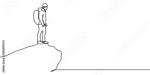 Continuous one line drawing of a man standing on a hilltop, representing achievement and embracing challenges.