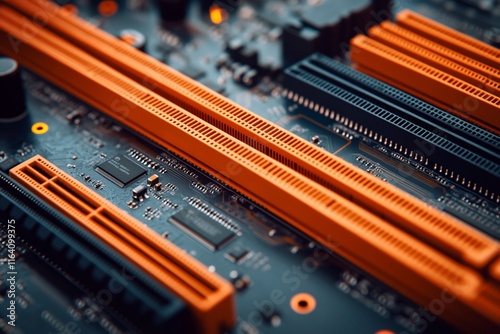 Close-up of computer motherboard with orange RAM slots. photo