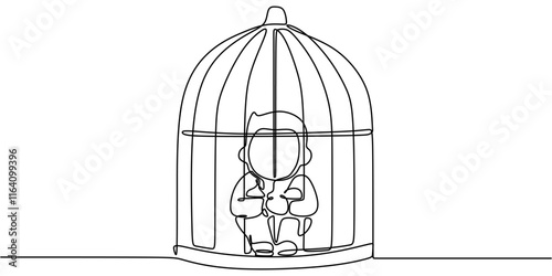 One line drawing of a child inside a cage, symbolizing restriction, isolation, and the need for freedom.