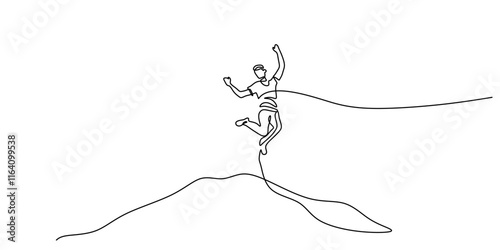Continuous one line drawing of a happy man jumping, representing joy and celebration of success.