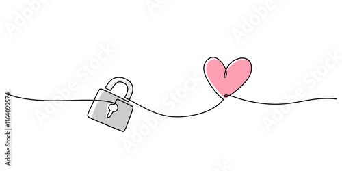 Continuous one line drawing of a padlock and love symbol, representing security and the complexity of love.