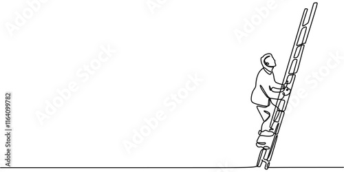 One line drawing of a man climbing stairs, symbolizing progress and overcoming obstacles on the path to success.
