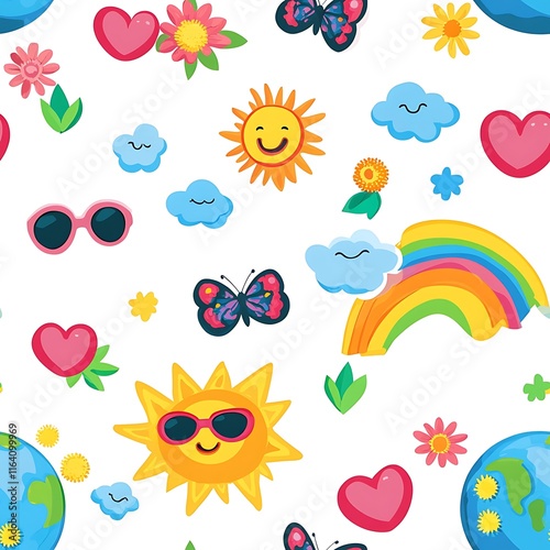 Cute cartoon seamless pattern with Earth, sun, and rainbow, earth day pattern