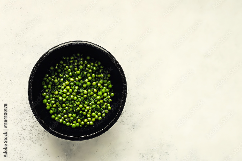 Black Bowl of Green Peas Viewed from Above on White Background Black Bowl of Green Peas Viewed from Above on White Background