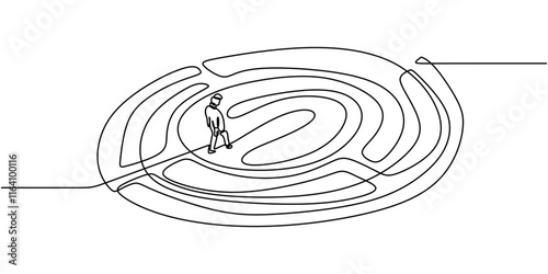 One line drawing of a person in a maze, symbolizing confusion and the search for direction in life.